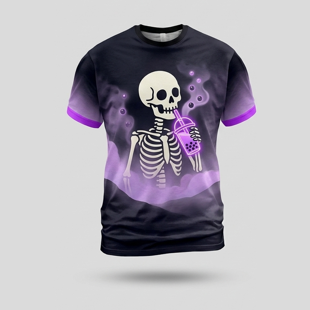 Whimsical Skeleton Neon Purple Boba Tea Aop Tshirt