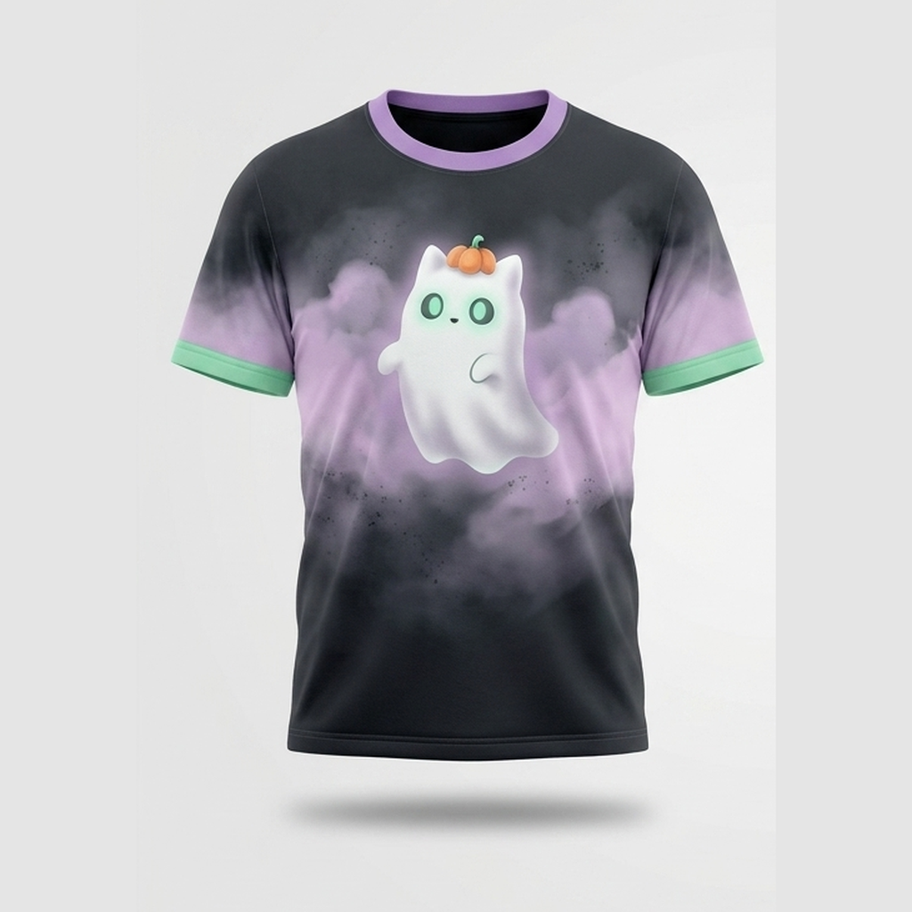 Floating Ghost Cat Pumpkin Hat Lavender Aop Tshirt