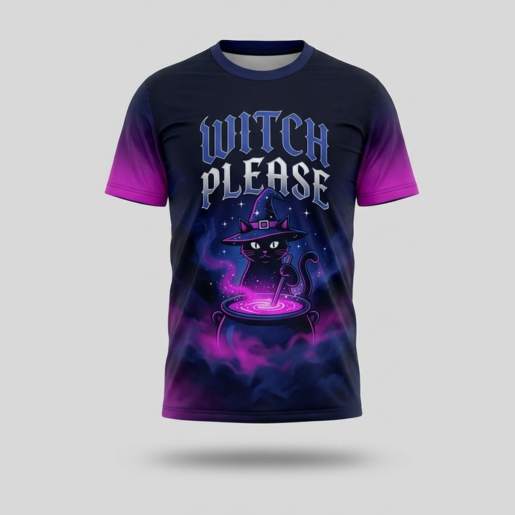 Witch Please Cat Cauldron Magenta Text Aop Tshirt