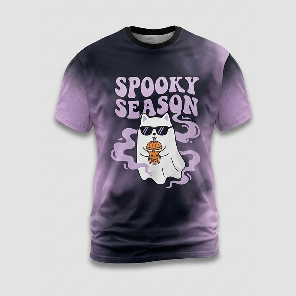 Spooky Season Ghost Cat Boba Retro Text Aop Tshirt