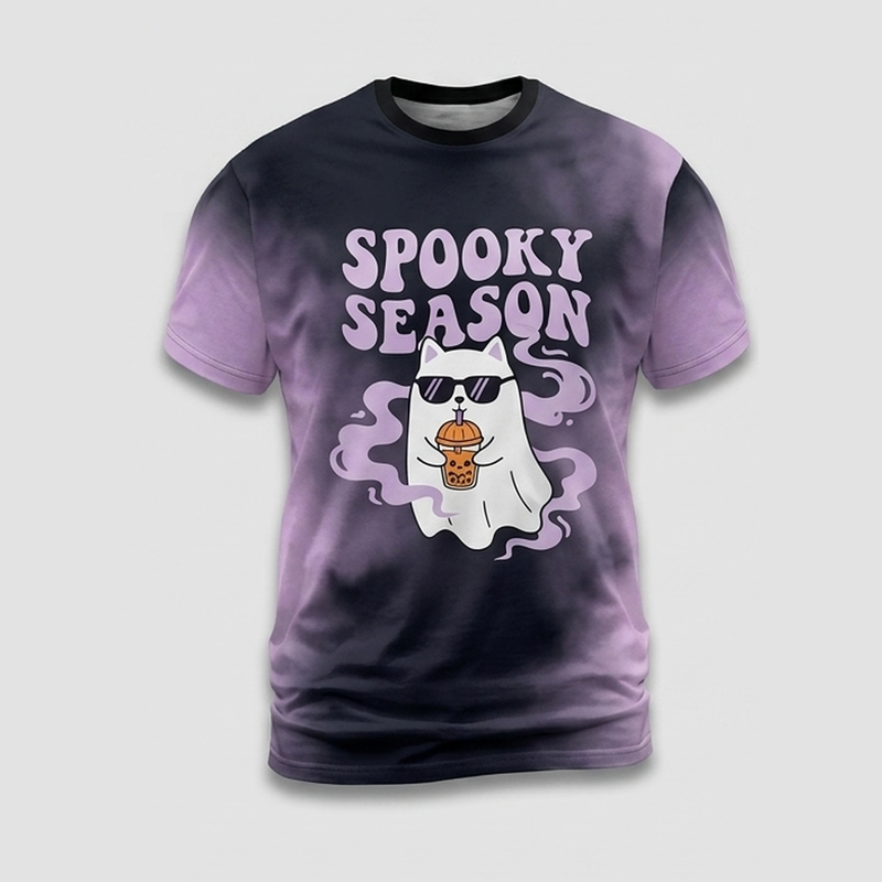 Spooky Season Ghost Cat Boba Retro Text Aop Tshirt