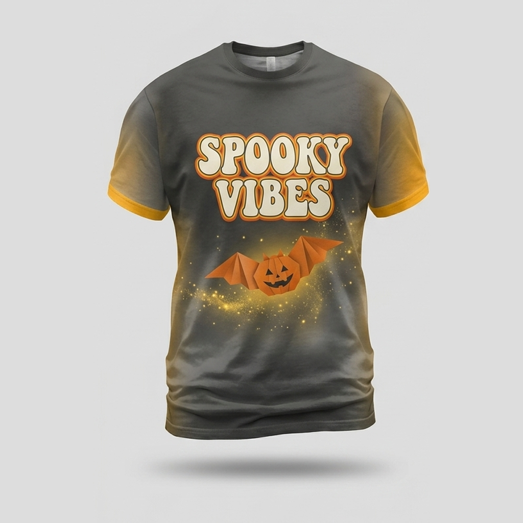 Spooky Vibes Origami Pumpkin Bat Retro Text Aop Tshirt