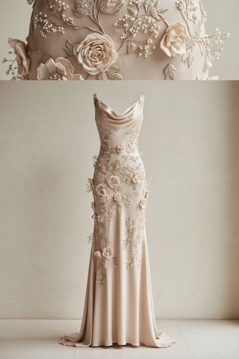 The Xelviano hand-embroidered silk signature piece with intricate 3D floral motifs